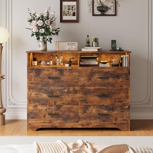 Image of IRONCK Retro Brown Chest of Drawers Bedroom, Bedroom Chest of Drawers with LED Light & 1 USB + 1 Type-C & 2 AC Outlets & Power Cord, Dresser Wooden with 6 Drawers 2 Open Cubicle, 120x40x94.7cm