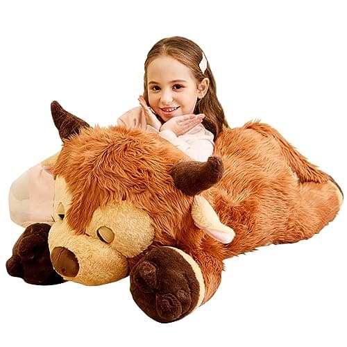 Image of IKASA Giant Highland Cow Stuffed Animal Plush Toy,85cm Large Big Scottish Highland Cow Jumbo Soft Toys,Huge Size Cute Fluffy Plushie,Gifts for Kids