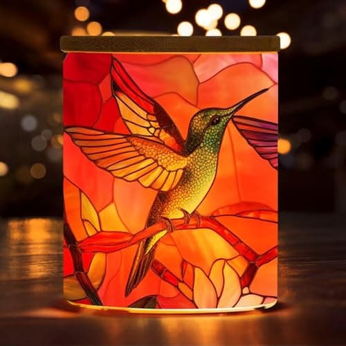 Image of Stained Glass Hummingbird Candle Jar with Tea Light, Colorful Bird Flower Tealight Candle Holders with Battery Operated,Trinket Jar Inspiration Tea Light Holder for Home Decoration