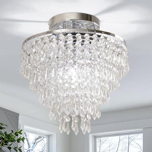 Image of FRIXCHUR 11.8" Crystal Chandelier Chrome Flush Mount Ceiling Light 5 Tiers Raindrops Silver Chandeliers for Bedroom Hallway Living Room, E27 Base