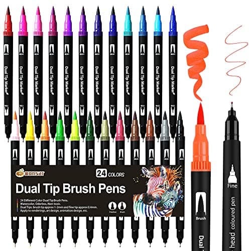 Image of Colouring Pens: 24 Colors Felt Tip Pens Set Dual Tip Brush Pen Art Markers for Kids Adults Colouring Book, Art Supplies Fineliner Tip Brush Marker for Drawing Sketching Calligraphy Design Painting