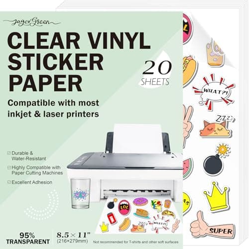 Image of JAGERGREEN Clear Printable Vinyl Sticker Paper for Inkjet & Laser Printer, 20 Sheets 8.5x11 Inch 95% Glossy Transparent Vinyl Sticker Paper Waterproof for Custom Stickers, Labels, Decals