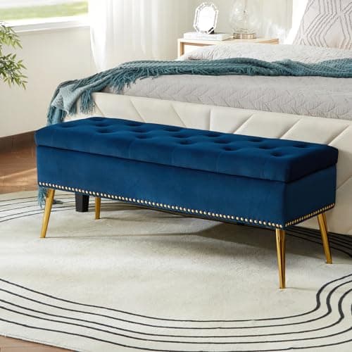 Image of HULALA HOME Modern Velvet Storage Bench Box Ottoman with Gold Base & Nailhead Trim, Upholstered Bedroom Bench for End of Bed, Button-Tufted Footstool for Entryway Living Room Dining Room, Navy