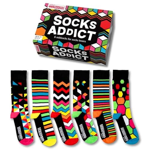 Image of United Oddsocks Socks Addict – 6 Unique and Quirky Mix & Match Novelty Socks for Men, Gift Box, Fun and Playful Present for Sock Lovers, Birthday, Christmas, Father’s Day - UK 6-11, EUR 39-46, US 7-12