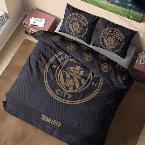 Image of Get Trend Manchester City FC Double Duvet Cover Set, Reversible Football Bedding Set with Pillowcases, Ultra Soft & Durable Duvet Quilt Cover (Black Manchester City, Double)