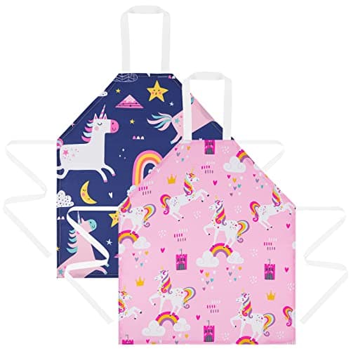 Image of HOTUT 2 Pcs Kids Aprons, Cartoon Style Adjustable Child Chef Aprons, Unicorn Print Children's Apron for Kids Toddler Painting Baking Artist (Pink+Blue)