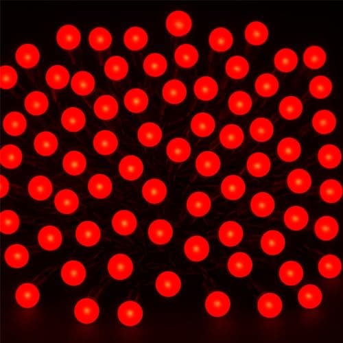 Image of simpa Battery Operated Red 100 LED Berry String Lights - Indoor & Outdoor - 8 Function Controller with Timer. Lit Length 6.9M.