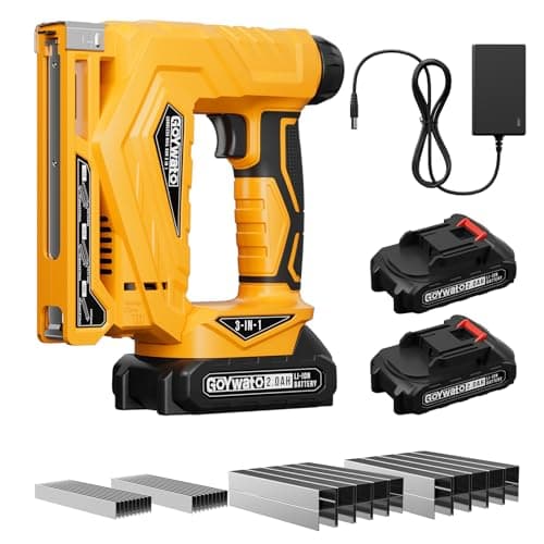 Image of GoYwato Cordless Nail Gun 21V - 18GA 3-in-1 Cordless Brad Nailer w/ 2 x 2.0Ah Battery & 1000x18GA Nails & 1000xT50 Staples & 1000x1014J Staples, Electric Stapler Gun for DIY Home Projects Woodworking