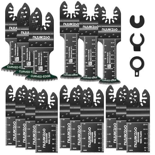 Image of 19Pcs Multi Tool Blade Set for Wood Plastic Include Extra Long and Broad Reach Arc Edge Oscillating Saw Blades Multitool Accessories Quick Release Compatible with Bosch Fein Ryobi Dremel Makita
