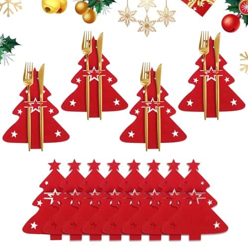 Image of Minicoco 12 Pcs Christmas Cutlery Holders, Felt Christmas Silverware Tableware Holder Pockets Red Christmas Cutlery Bag Xmas Table Decorations Christmas Tree Cutlery Holders for Kitchen Supplies
