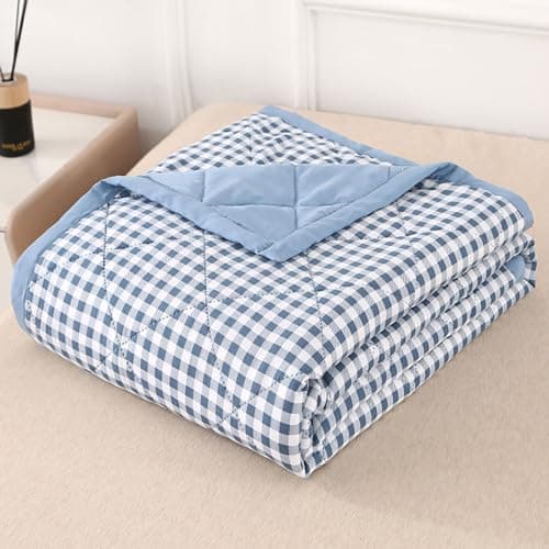 Image of DOTBUY-SHOP Quilted Bedspreads, Check Quilt Bed Throws Cotton Filling Duvet Super King Single Double Size Children's Bed Reversible Quilted Throw for All Season (Light blue,150x200cm)