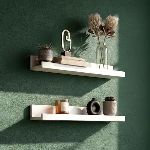 Image of GEEZY White Floating Shelves for Wall, Set of 2 - Modern Seamless Mounting, Easy Install Picture Ledge Display Shelf for Decor, Collectibles - Home, Bedroom, Bathroom, Office, 45x10x5cm