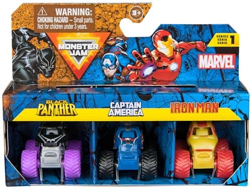 Image of Monster Jam, Marvel Mini Monster Truck 3-Pack, Black Panther, Captain America, Iron Man Die-Cast Monster Trucks, 1:87 Scale, Kids’ Toys for Boys Aged 3 and Up