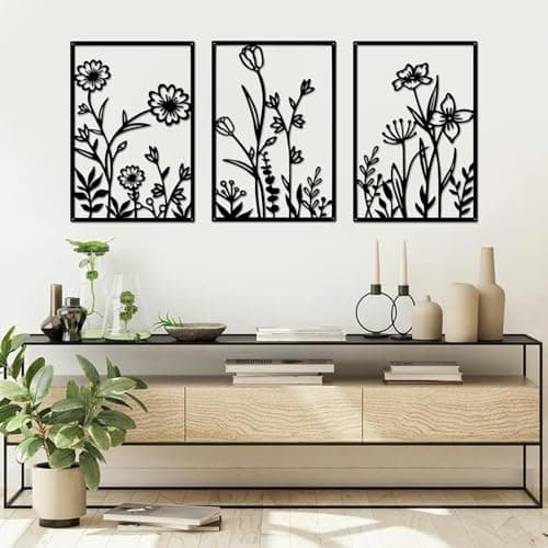Image of YiYa 3 Pcs Black Metal Wall Art Metal Flower Wall Decor Floral Line Hanging Wall Sculpture Minimalist Line Art Modern Aesthetic for Home Bedroom Kitchen Living Room(Daisy)