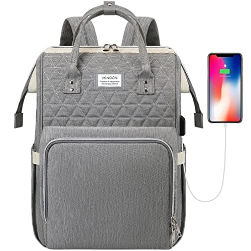 Image of VSNOON Laptop Backpack for Women,15.6 Inch Stylish Laptop Rucksack Wide Open, Travel Backpack with USB Charging Port, Water Resistant Travel Business Work Bag Computer Backpack for Men, Grey