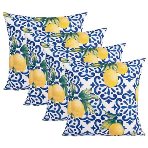 Image of OHS Cushions for Outdoor Furniture Lemon Print, 45 x 45 Cushion Covers for Inserts Outdoor Garden Seat Cushions Soft Comfy Decorative, Blue 4 Pack