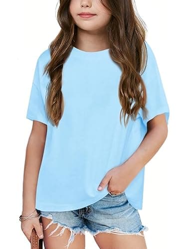 Image of Haloumoning Girls' T-Shirt Short Sleeve Summer Leisure Loose Shirts Kids Cotton Crew Neck Plain Basic Tops, Blue, 12-14 Years