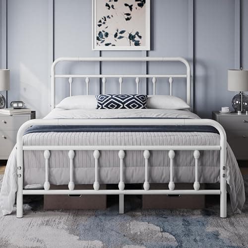 Image of Yaheetech 4ft6 Double Bed Frame Vintage Iron Platform Bed with High Headboard and Footboard, Strong Metal-Framed Bed with Storage White