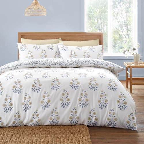 Image of Bianca Eloise Floral 230 Thread Count Cotton Satin Stripe Reversible Double Duvet Cover Set with Pillowcases White Blue