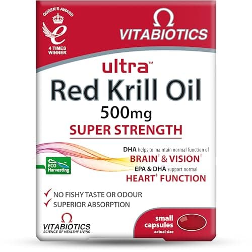 Image of Vitabiotics Ultra Red Krill Oil Nutritional Supplement Capsule with Omega 3-9 Fatty Acids DHA EPA Astaxanthin for Heart Brain and Eye Vision Support from Antarctic Marine Phospholipids