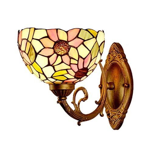 Image of GAUUA Rustic Victorian Style Sunflower Stained Glass Tiffany Wall Sconce; E27 Floral Antique Bronze Wall Light For Stairway Bathroom Living Room, Pastoral Wall Lamp