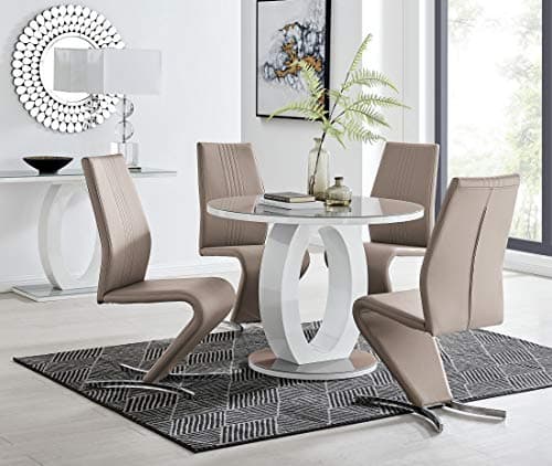 Image of Furniturebox UK Giovani Modern Stylish Grey/White High Gloss And Glass 100cm Round Dining Table And 4 Luxury Premium Willow Chairs Set (Dining Table + 4 Cappuccino Grey Willow Chairs)