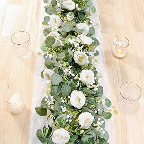 Image of UXORSN 2PCS 6FT Artificial Eucalyptus Flower Garland with White Roses Fake Flower Garlands Silk Rose Greenery Garland Faux Floral Ivy Vines for Wedding Arch Party Table Runner Centerpiece Decoration