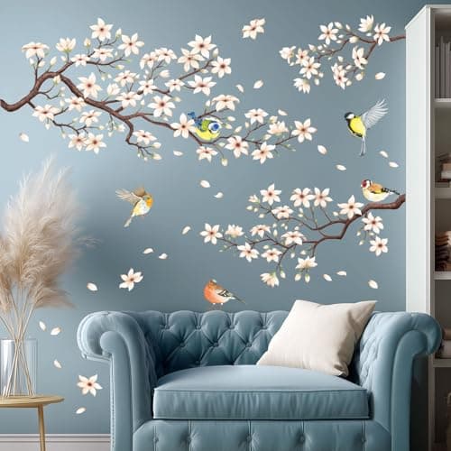 Image of DECOWALL SG2-2304 White Cherry Blossom Branch Wall Stickers Flower Birds Wall Decals Bedroom Living Room TV DIY Wall Home Décor