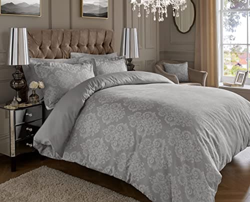 Image of ED Luxury 600 Thread Count Jacquard Duvet Cover 3 Piece Set | Super Soft Cotton Rich & Warm Bedding | Damask Pattern Quilt Cover (King, Silver Damask)