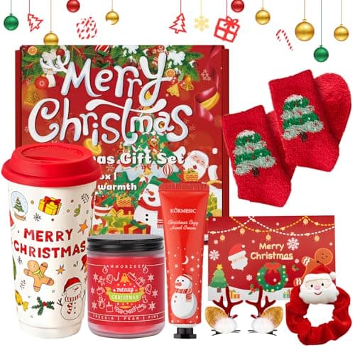 Image of 7PCS Gift Sets for Christmas, con Xmas Mug, with Lid, Red Christmas Stocking, Small Hand Cream, Christmas Hair Clips, Candles Scented, for Daughters, Best Friends, Sisters, Girlfriends, and Mothers