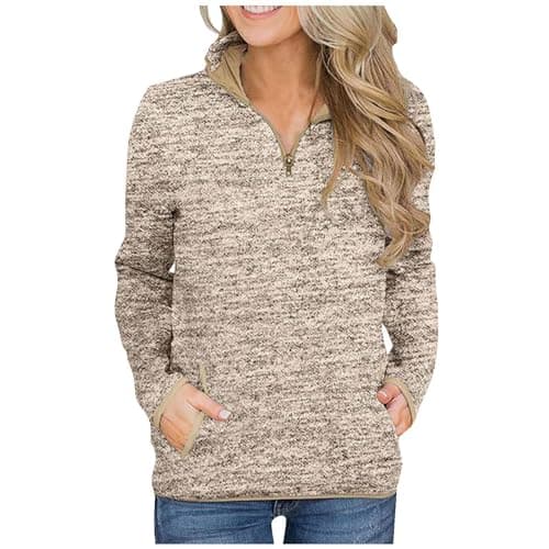 Image of Womens Sweatshirts with Two Pockets Quarter Zip Long Sleeve Pullover Tops Jumper Cosy Casual 1/4 Zipper Sweatshirts Khaki