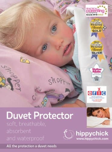 Image of Hippychick Cotton Duvet Protector/Quilt Cover Set, 100 Percent Waterproof, Jersey Fabric, Anti Allergy, Machine Washable, Okeo-Tex Certified, White, 120 x 150 cm, Fits Cot Bed