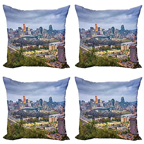 Image of ABAKUHAUS Cincinnati Throw Pillow Cushion Case Pack of 4, Wide Aspect of Bridge, Modern Accent Double-sided Digital Printing, 40 cm x 40 cm, Multicolor