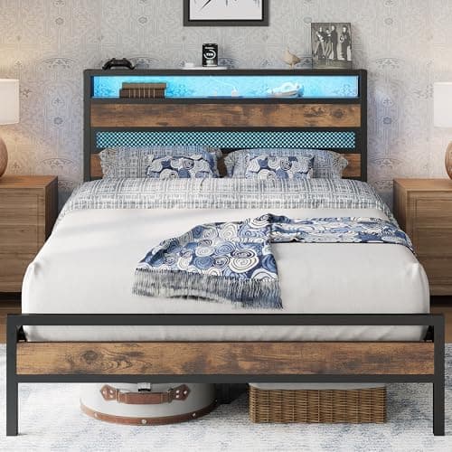 Image of IRONCK 4ft Small Double Bed Frame with Storage Headboard and Charging Station/LED Lights, Metal Platform Bed Frame Small Double, Reinforced Strong Support Leg, UnderBed Storage, Vintage Brown