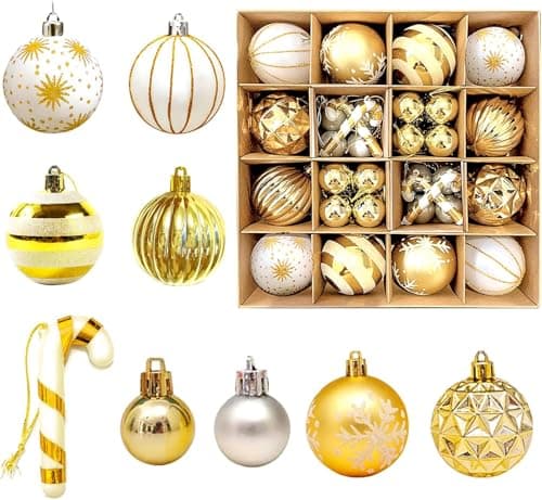 Image of Top Sale 40 Pieces Shatterproof Christmas Tree, Garland, Wreaths Hanging Baubles - 9 Designs in Matte, Glitter & Shiny Finish - 60 mm & 30 mm - Gold and White