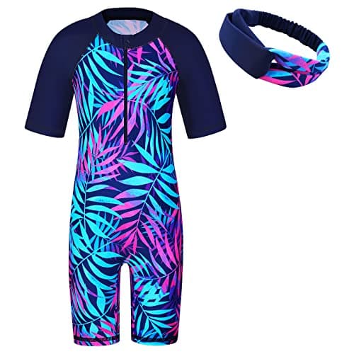 Image of ZNYUNE Girls UV Sun Protection Swimsuit One Piece Long Sleeve UPF 50+ Sunsafe Swimwear Kids Swimming Costume with Zipper 4-12 Years S419 NavyLeaves 12A