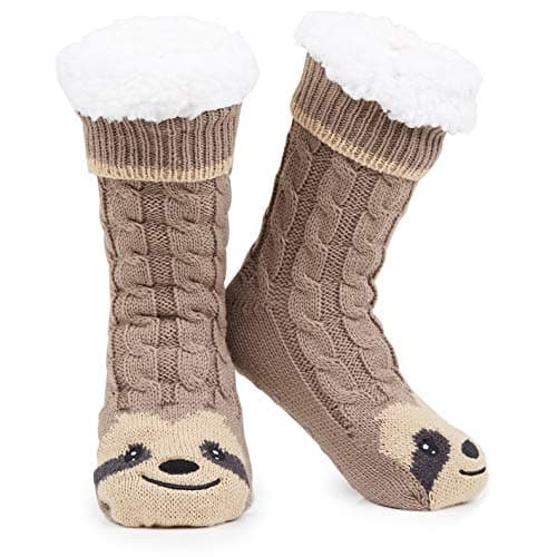 Image of CityComfort Fluffy Socks for Women Teenagers Sherpa Lined Animal Slipper Socks with Non Slip Grip Pads One Size - Gifts for Women (Brown Sloth)