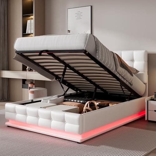 Image of ModernLuxe Lift Up Double Bed Frame with Led Lighting, PU Faux Leather Upholstered Ottoman Bed, 4ft6 Double Bed with Gas Lift Large Storage, Adjustable Headboard, Without Mattress, White, 135x190cm