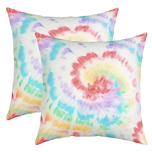 Image of Rainbow Tie Dye Pillow Cases Cushion Covers 18"x18" Set of 2 Soft Colorful Tie Dyed Decorative Throw PillowCases for Sofa Multicolor Throw Pillow Covers Watercolor Throw Pillow Covers for Kids