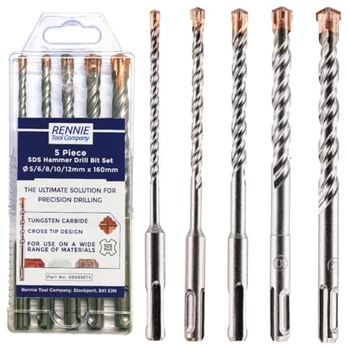 Image of Set Of 5-5/6/8/10/12mm x 160mm Long SDS Plus High Performance Hammer Drill Bits Set, Professional TCT Tungsten Carbide Cross Tipped Masonry Drill Bit For Brick, Concrete, Stone, Granite