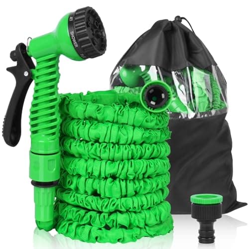 Image of Expandable Garden Hose 50ft/15m with 7-Function Spray Gun – Magic Hose Pipe, Anti-Leak Latex Core, Retractable Hosepipe for Garden Watering with 3/4" & 1/2" Fittings, Includes Storage Bag – Green