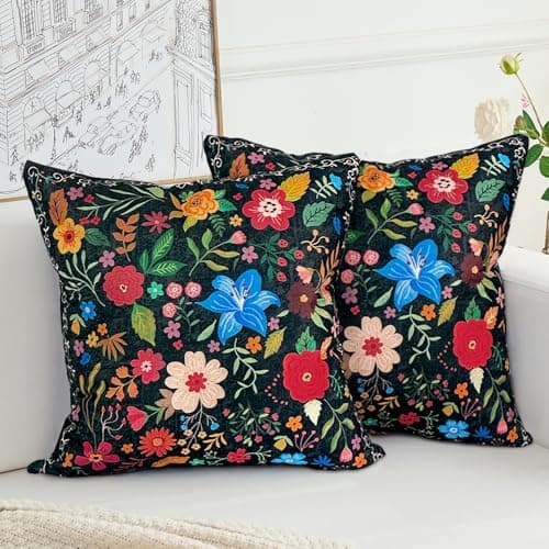 Image of HZYKDWD Floral Pillow Covers 40x40 cm Set of 2,Black Farmhouse Floral Pillow Covers Decor Double Sided Pattern Cushion Cover Soft Pillow Case Living Sofa Room Bed Porch Patio Square Pillow Cover