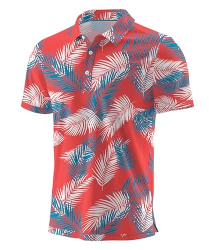 Image of QIXING Summer Mens Golf Polo Shirts Moisture Wicking Printed Short Sleeve Quick Dry Polo T Shirts for Men Casual Golf Tops (Red Palm Leaf, XL)
