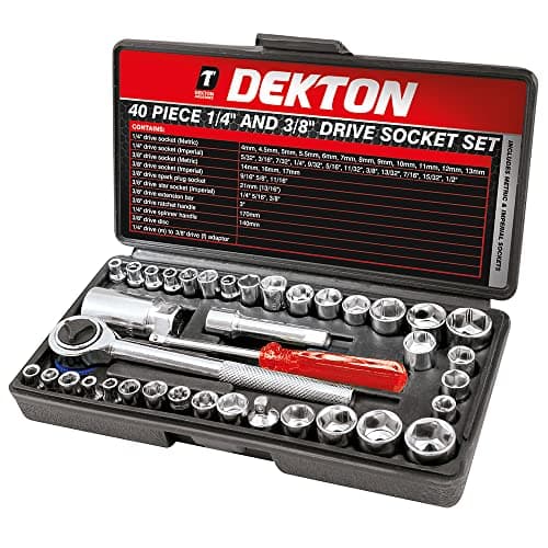 Image of Dekton 40-Piece Drive Socket Set | Includes Ratchet Handle, Extension Bar, Adaptor and Metric & Imperial Sockets | Features Spark Plug & Spline Sockets with | Ideal for Versatile Applications