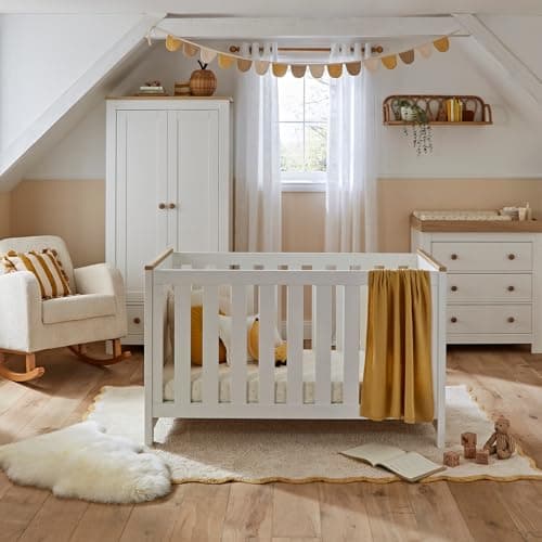 Image of CuddleCo Luna Nursery Furniture Set (3 Piece) | Convertible Baby Cot Bed, Baby Changing Table with Drawers and Kids Wardrobe Set | White & Oak