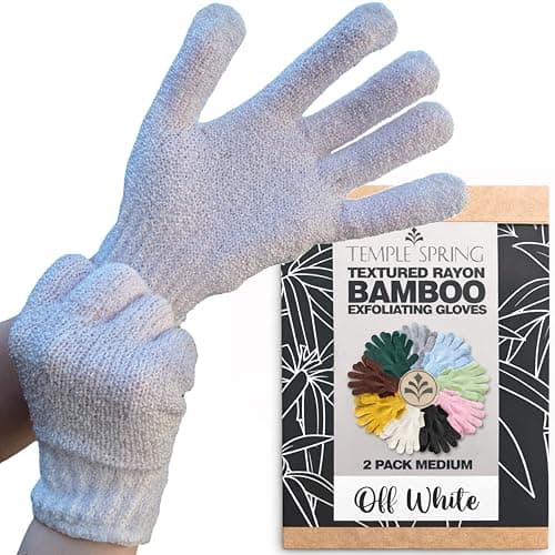 Image of Temple Spring Exfoliating Glove, Carbonized Rayon Bamboo Body Scrubber, Loofah Exfoliating Mitt, Shower Scrubber Wash Cloth, Body Exfoliator Scrub, Loofa Shower Gloves Bath Sponge - Off-White