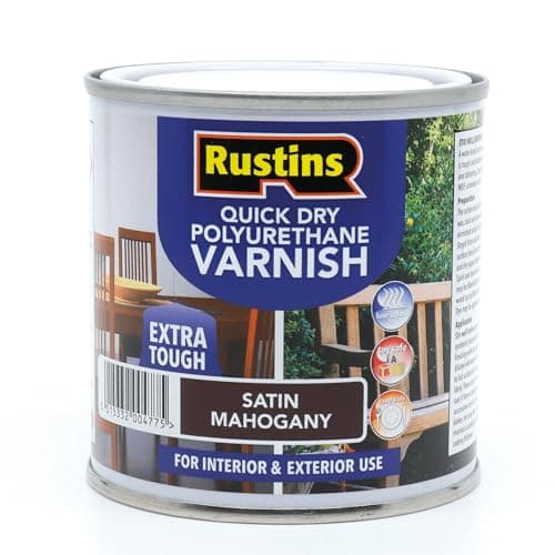 Image of RustinsQuick Dry Poly Varnish Satin Mahogany 250ml -Tough, Water-Based Clear Finish in Gloss, Matt or Satin; Durable Protection for Interior Wood, Furniture and Floors