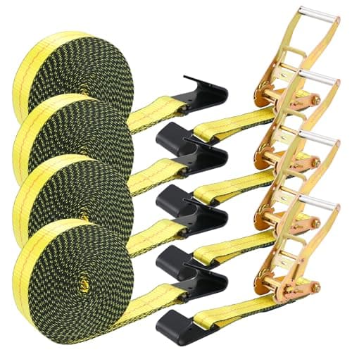 Image of TLGREEN 4 Pack 2 in x 27 FT Flat Hook Ratchet Straps (11,000 lbs Break Strength), Heavy Duty Tie Down Straps for Trucks (Yellow)