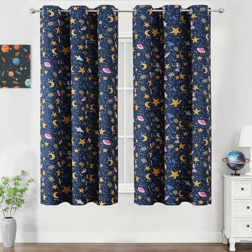 Image of VEHEDE Star Blackout Curtains for Boys Bedroom Galaxy Unicorn Navy Blue Curtains for Kids Nursery Room 54 Inch Long Curtain Eyelet Window Treatments Set 2 Panels, W38 x L54 Inch, 2 Panels