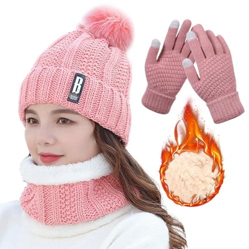 Image of TYXHXTF Hat Scarf and Gloves Sets, Women Knitted Pom Beanie Hat, Thermal Gloves, Neck Warmer Set, Winter Warm Thicken Soft, 3 in 1 Cold Weather Set, for Women Ladies Girls Outdoor Sports (Pink)